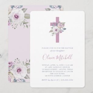 Invitación Rubor violeta  Bautismo floral con cruz