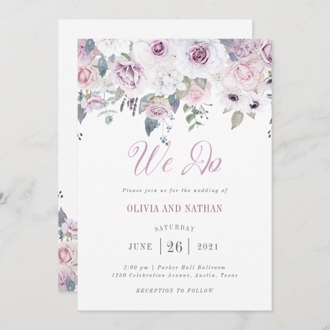 Invitación Rubor violeta| Boda floral (Anverso / Reverso)