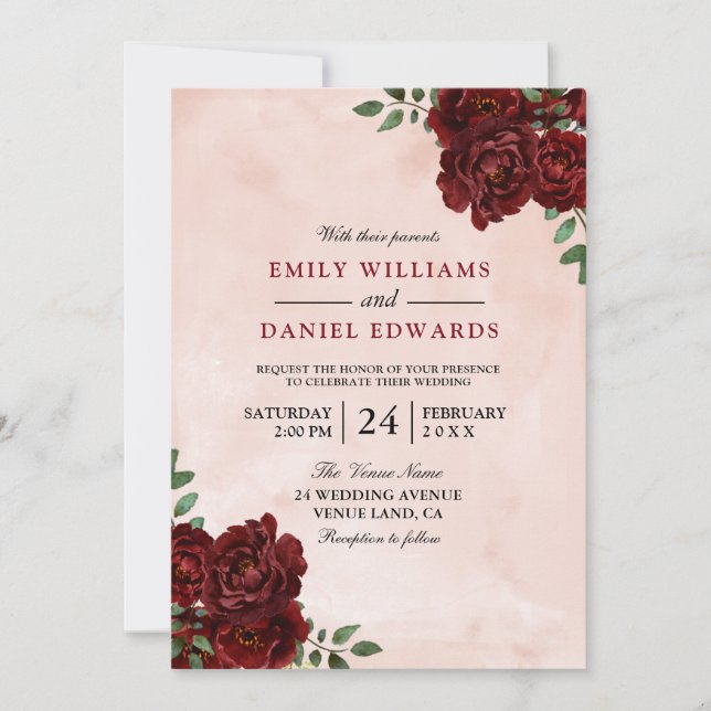 Invitación Rubor Watercolor Burgundy Red Rose Boda (Anverso)