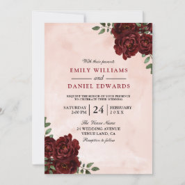 Invitación Rubor Watercolor Burgundy Red Rose Boda