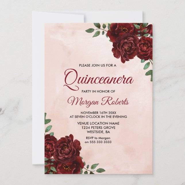 Invitación Rubor Watercolor Burgundy Rosa Rojo Quinceanera (Anverso)