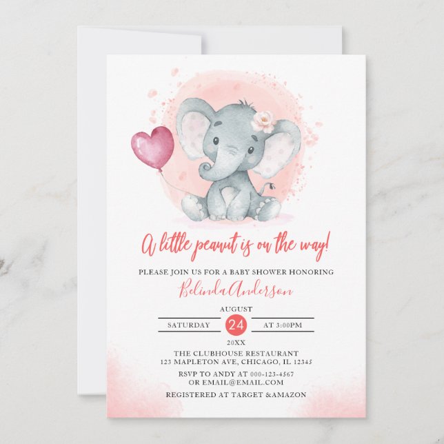 Invitación Rubor Watercolor Cute Chica Elephant Baby Shower (Anverso)