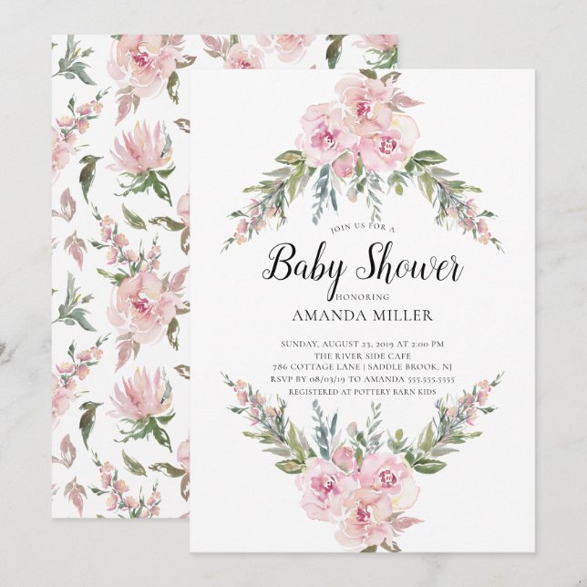 Invitación Rubor Watercolor Floral Baby Shower (Anverso / Reverso)