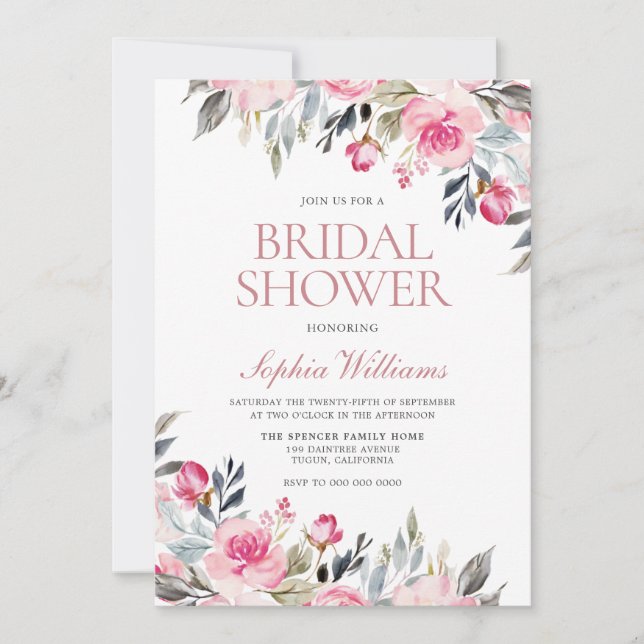 Invitación Rubor Watercolor Floral Greenery Bridal Shower (Anverso)