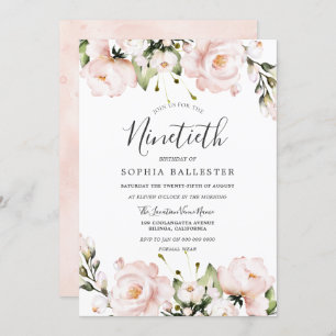 Invitación Rubor Watercolor Flowers 90th Birthday Party