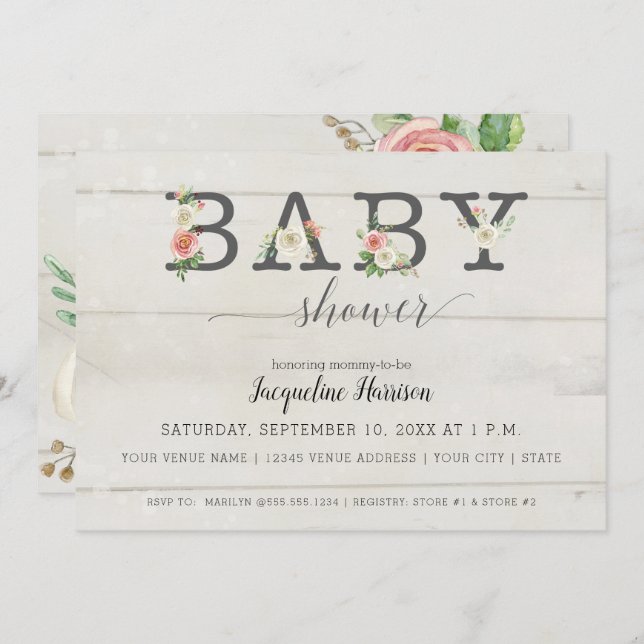 Invitación Rubor White Florals | Baby Shower chica (Anverso / Reverso)