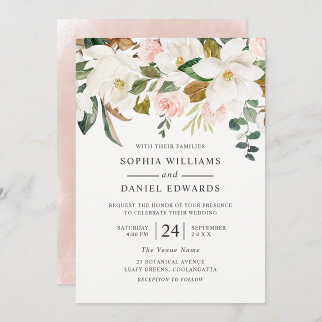 Invitación Rubor & White Florals Elegant Boda moderno (Anverso / Reverso)