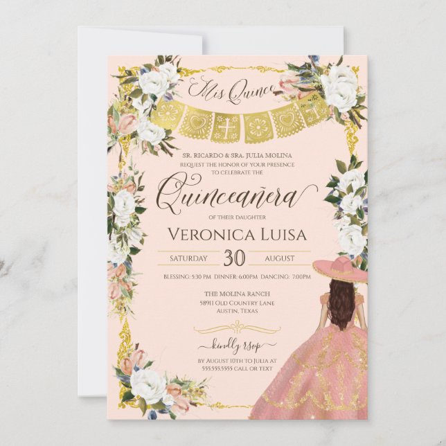 Invitación Rubor White Gold Charro Vestido floral Quinceanera (Anverso)