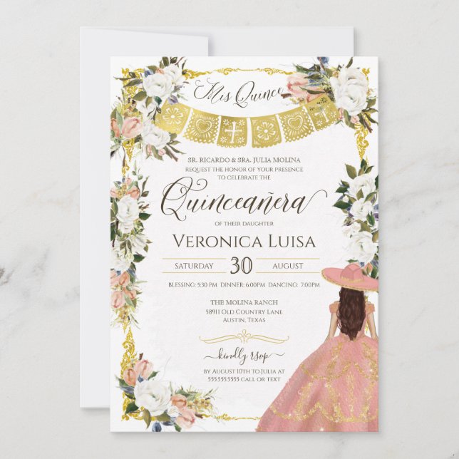 Invitación Rubor White Gold Charro Vestido floral Quinceanera (Anverso)