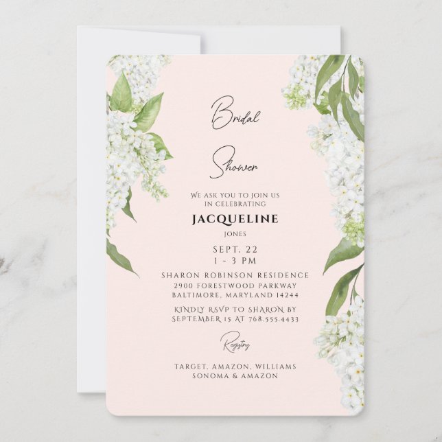 Invitación Rubor White Hydrangeas Bridal Shower (Anverso)