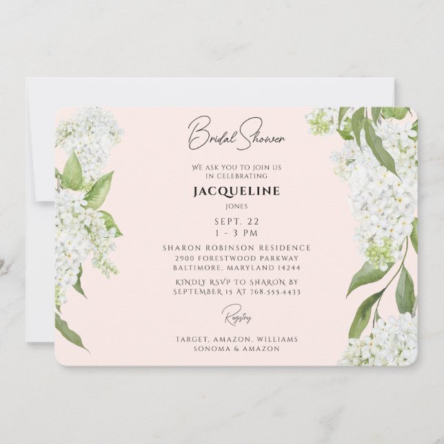 Invitación Rubor White Hydrangeas Bridal Shower II (Anverso)