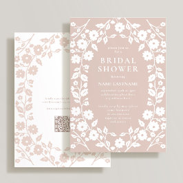 Invitación Rubor White QR Code Folk Floral Bridal Shower