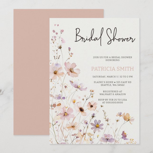 Invitación Rubor Wildflowers Bridal Shower (Anverso / Reverso)