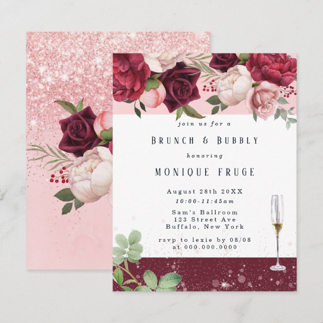 Invitación Rubor Wine Peony Purpurina Brunch & Bubbly invita (Anverso / Reverso)