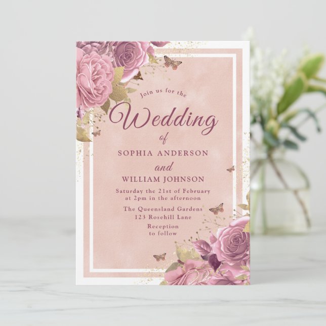 Invitación Rubor Wonderland: Magnífico Boda Floral de Rubor (Anverso de pie)