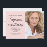 Invitación Rubor y Black Elegant Script 50th Birthday Photo<br><div class="desc">Crea tu propio hito elegante celebración de 50 años invitación horizontal 5x7 con una foto en la mitad derecha, y una foto de orientación horizontal completa en la parte posterior. Personalizar los colores o estilos de fuente de invitación. Fabulosa invitación de cumpleaños número 50 para tu mejor amigo con dos...</div>