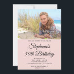 Invitación Rubor y Black Elegant Script 50th Birthday Photo<br><div class="desc">Crea tu propio y elegante hito celebración de 50 años invitación vertical 5x7 con una foto en formato de paisaje en la parte delantera y una foto de orientación de retrato de longitud completa en la parte posterior. Personalizar los colores o estilos de fuente de invitación. Fabulosa invitación de cumpleaños...</div>