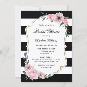 Invitación Rubor y Black Stripes Floral Bridal Shower