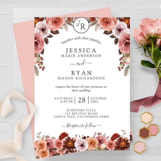 Invitación Rubor y Borgoña, Boda floral monograma (Subido por el creador)