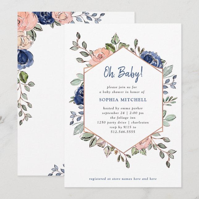 Invitación Rubor y el | geométrico floral azul oh Baby Shower (Anverso / Reverso)
