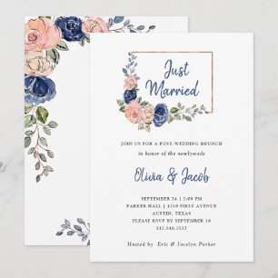 Invitación Rubor y Floral Geométrico Azul Marino Recién Cas