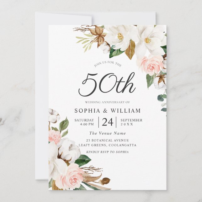 Invitación Rubor y Flores Blancas 50° Aniversario del Boda (Anverso)