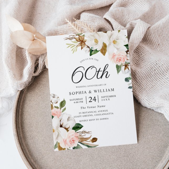 Invitación Rubor y Flores Blancas 60º Aniversario de Boda (Subido por el creador)