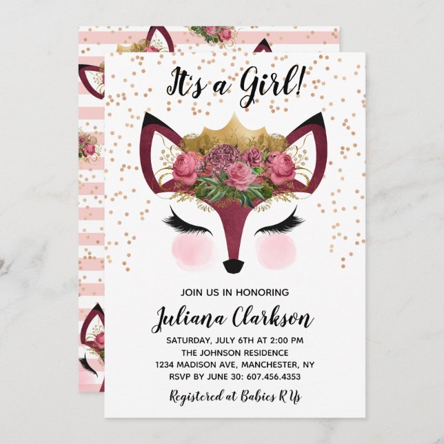 Invitación Rubor y Gold Fox Princess Baby Shower (Anverso / Reverso)
