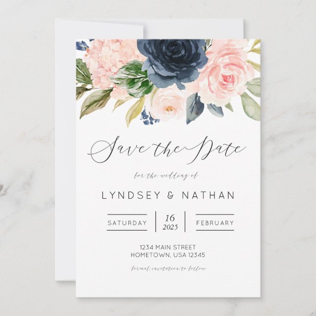 Invitación Rubor y la Marina Floral Wedding Salvan la fecha (Anverso)
