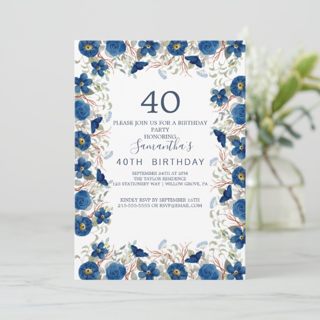 Invitación Rubor y la Marina Flores Azul guerrera 40 años (Anverso de pie)