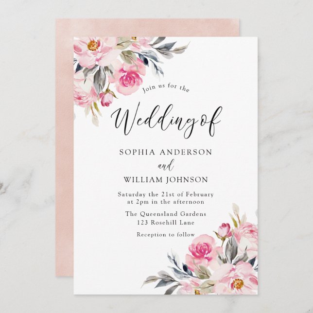 Invitación Rubor y la vegetación: Boda de acuarela floral (Anverso / Reverso)
