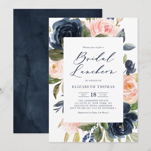 Invitación Rubor y Marina acuarela Floral Bridal Luncheon (Anverso / Reverso)