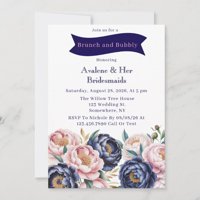 Invitación Rubor y Navy Blue Peony Brunch y Bubbly (Anverso)