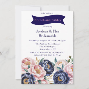 Invitación Rubor y Navy Blue Peony Brunch y Bubbly