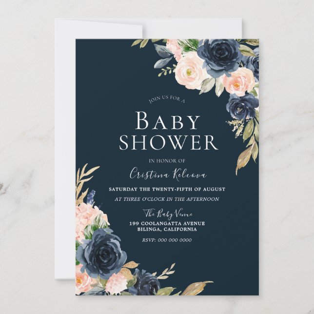 Invitación Rubor y Navy Elegant Modern Boy Chica Baby Shower (Anverso)