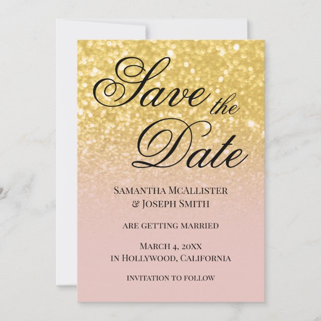 Invitación Rubor y Oro Glitter Ombre Salva la Fecha (Anverso)