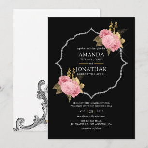 Invitación Rubor y Oro y Floral Plateado de Diamante de Boda