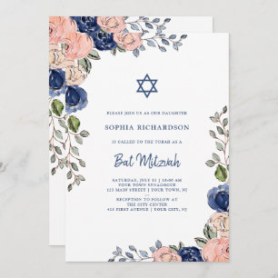 Invitación Rubor y palo dibujado mano Mitzvah de las flores