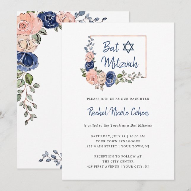 Invitación Rubor y palo geométrico floral Mitzvah de los (Anverso / Reverso)