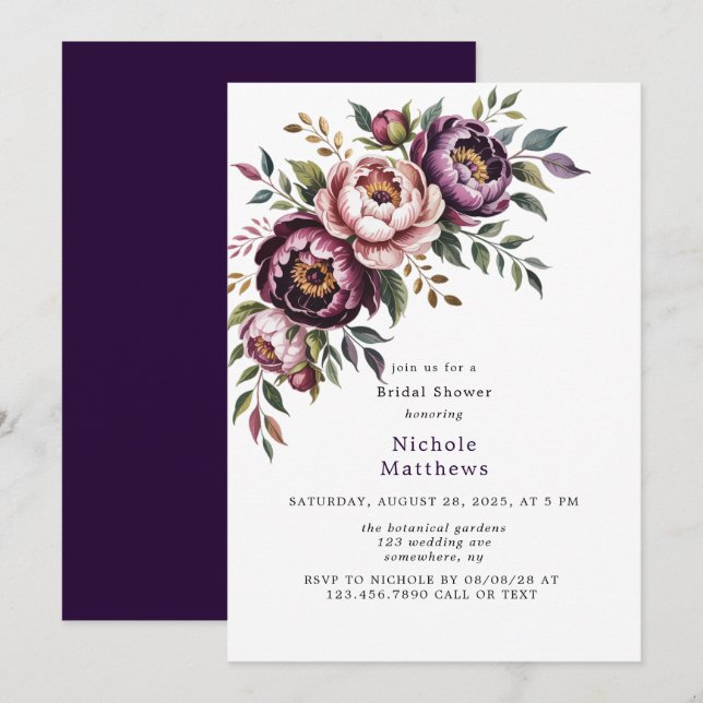 Invitación Rubor y Plum Peony Wreath Bridal Shower (Anverso / Reverso)