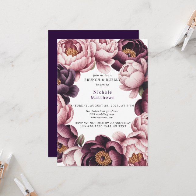 Invitación Rubor y Plum Peony Wreath Brunch & Bubbly (Anverso/Reverso In Situ)