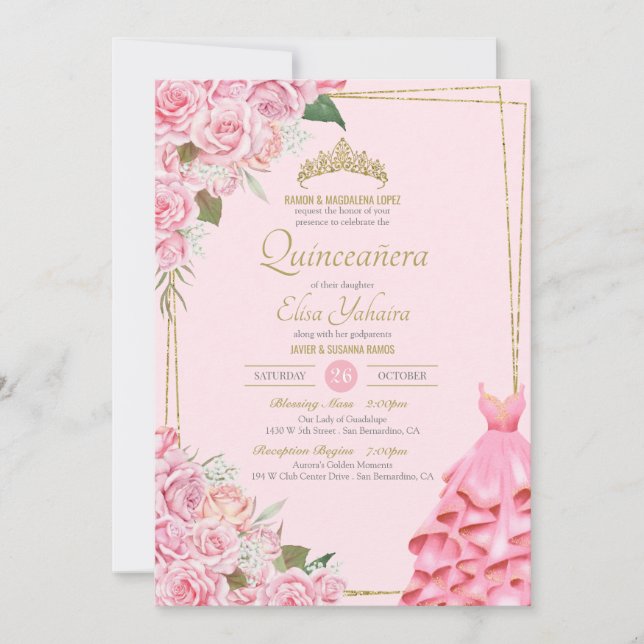 Invitación Rubor y Quinceanera floral dorada de rosas blandas (Anverso)