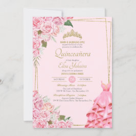 Invitación Rubor y Quinceanera floral dorada de rosas blandas