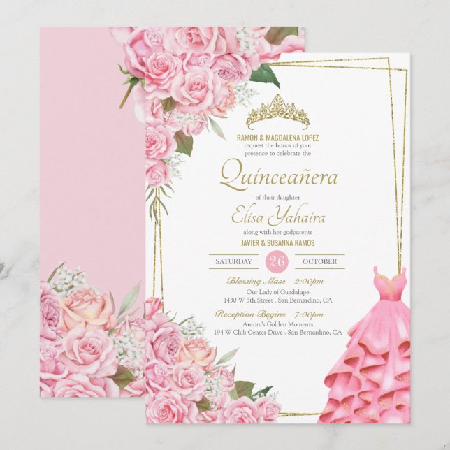 Invitación Rubor y Quinceanera floral dorada de rosas blandas (Anverso / Reverso)