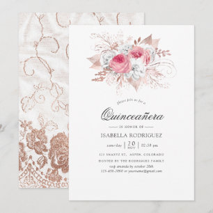 Invitación Rubor y Rosa Dorado Floral y Encaje Quinceañera