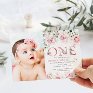 Invitación Rubor y Rosa Gold Floral Baby Primer Cumpleaños