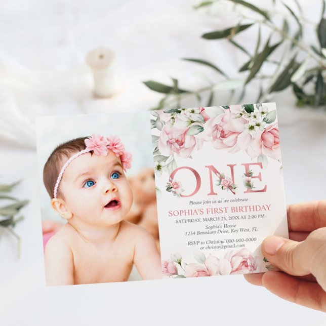 Invitación Rubor y Rosa Gold Floral Baby Primer Cumpleaños (Subido por el creador)