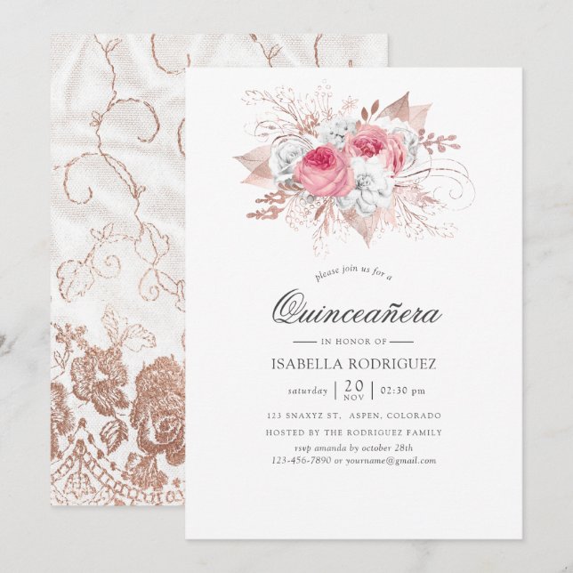 Invitación Rubor y Rosa Gold Floral y Lace Quinceañera (Anverso / Reverso)