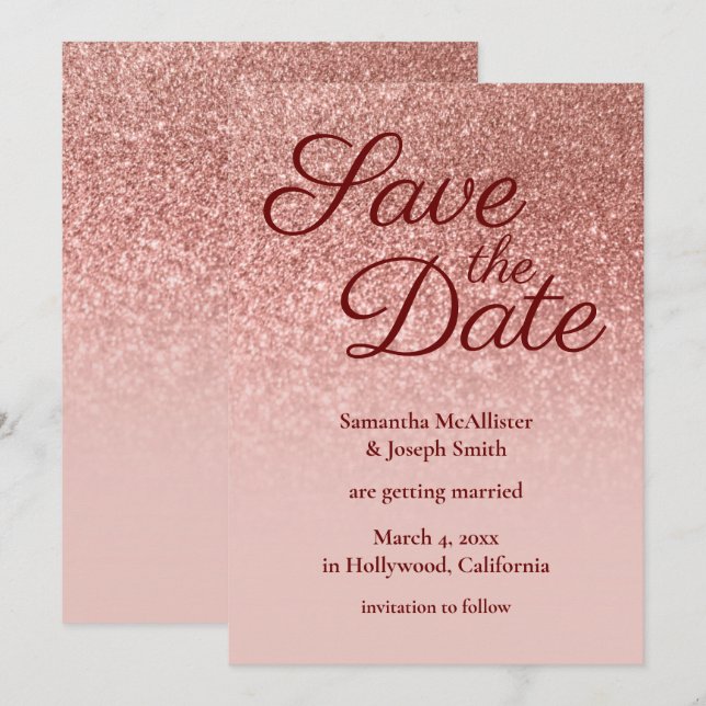 Invitación Rubor y Rosa Ombre Purpurina Guardar la fecha (Anverso / Reverso)