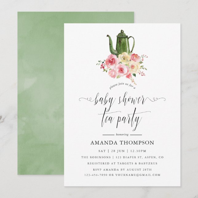 Invitación Rubor y Sage Green Floral Baby Shower Tea Fiesta (Anverso / Reverso)
